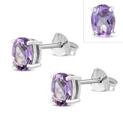 5x7mm Oval Prong-Set Amethyst Sterling Silver Stud Earrings - e446
